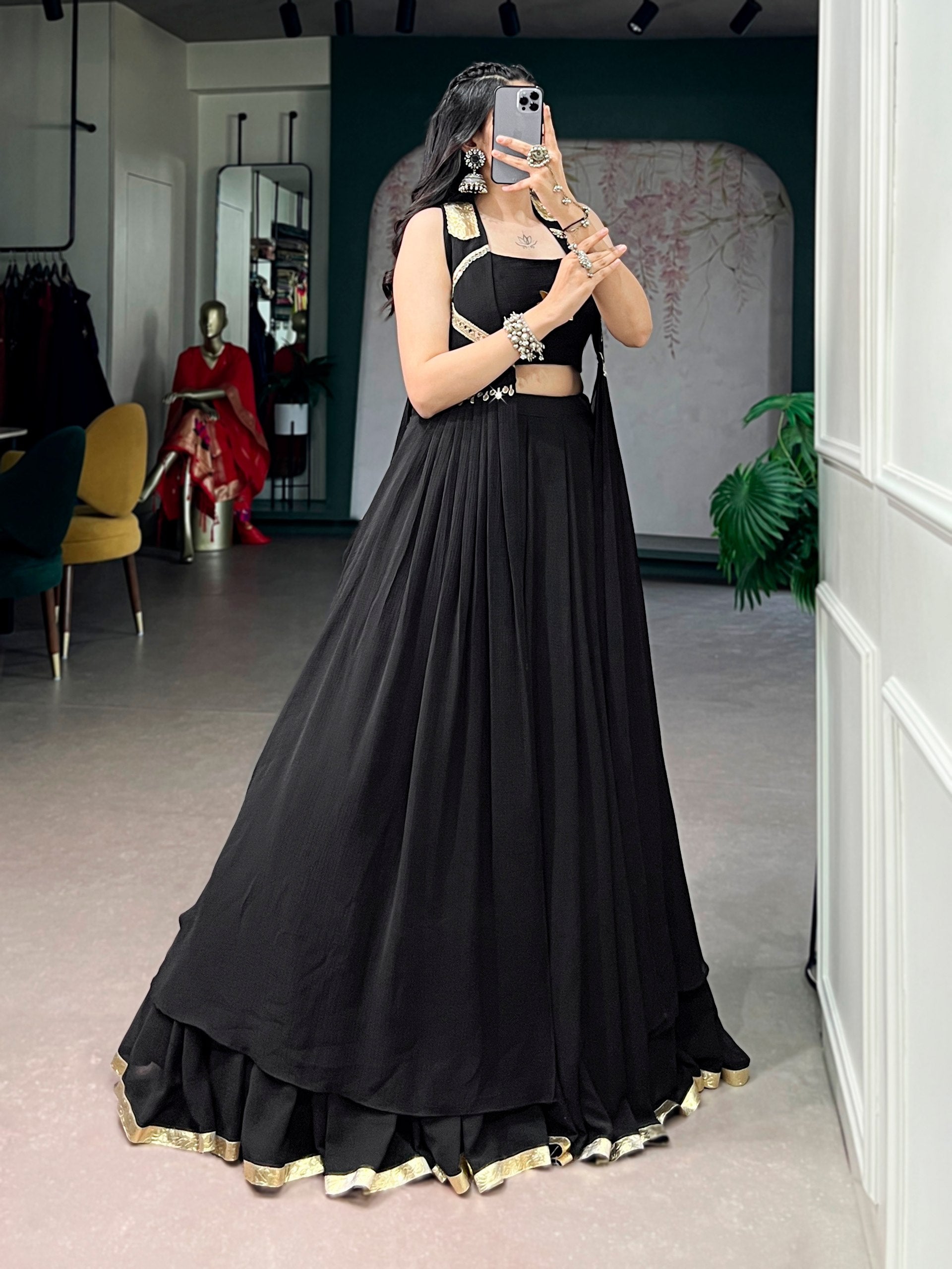 Black Feather-Light Flow Lehenga with Lotus Handwork & Long Jacket