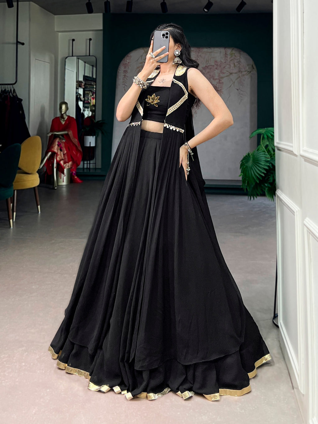 Black Feather-Light Flow Lehenga with Lotus Handwork & Long Jacket
