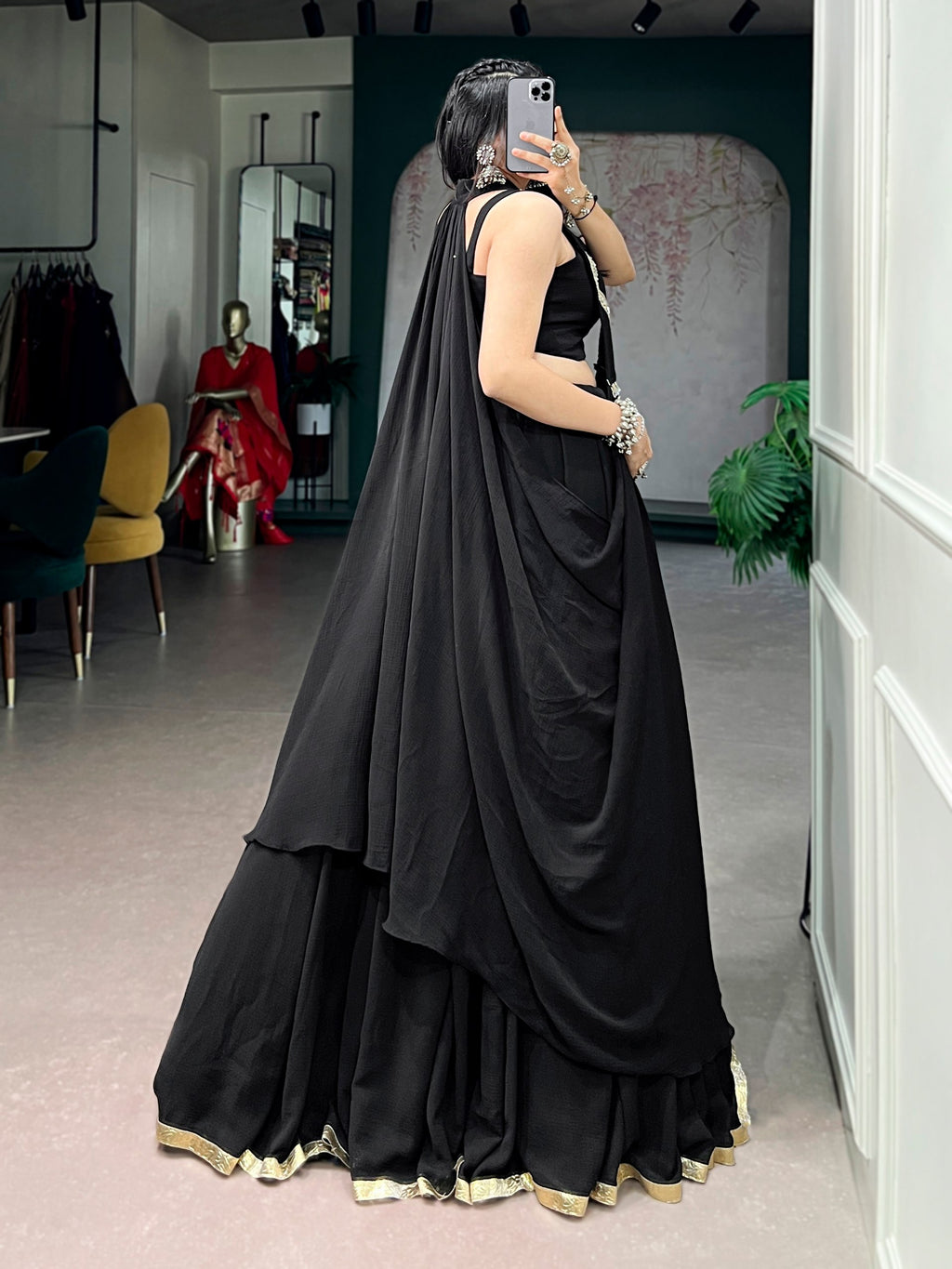 Black Feather-Light Flow Lehenga with Lotus Handwork & Long Jacket