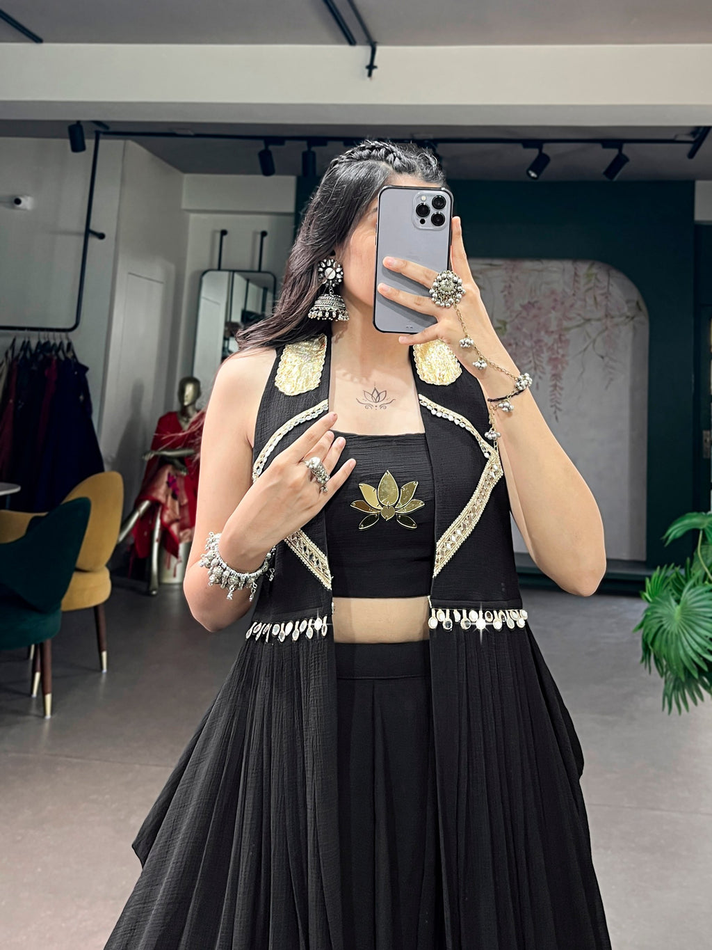 Black Feather-Light Flow Lehenga with Lotus Handwork & Long Jacket