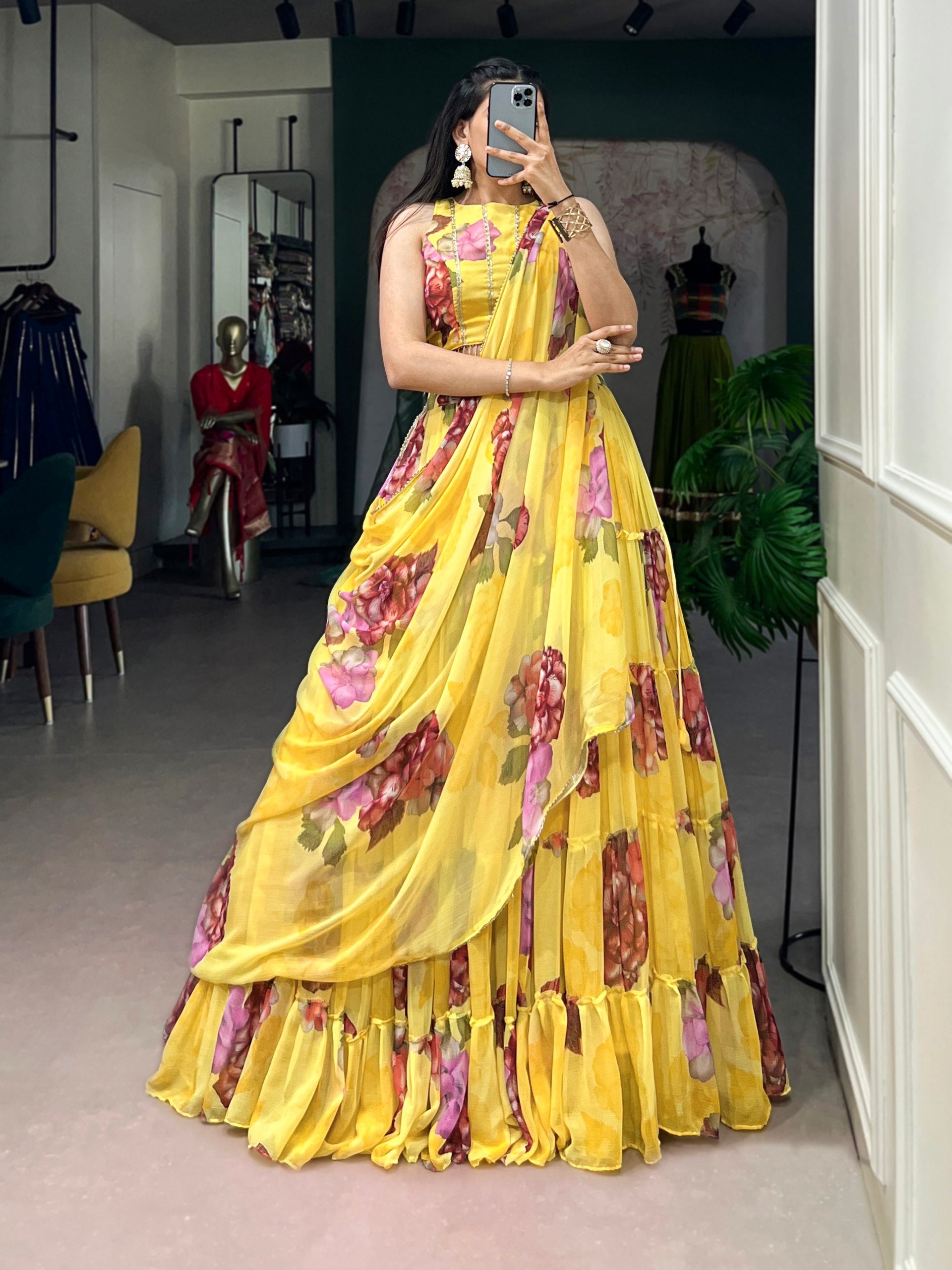 Floral Printed Chiffon Lehenga Choli