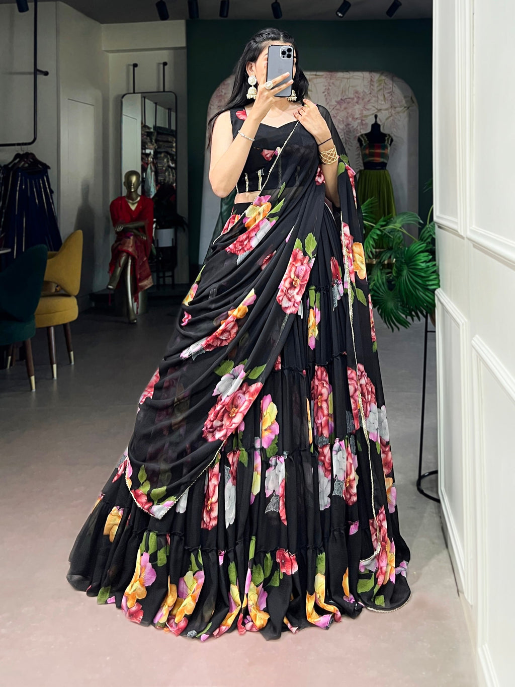 Floral Printed Chiffon Lehenga Choli