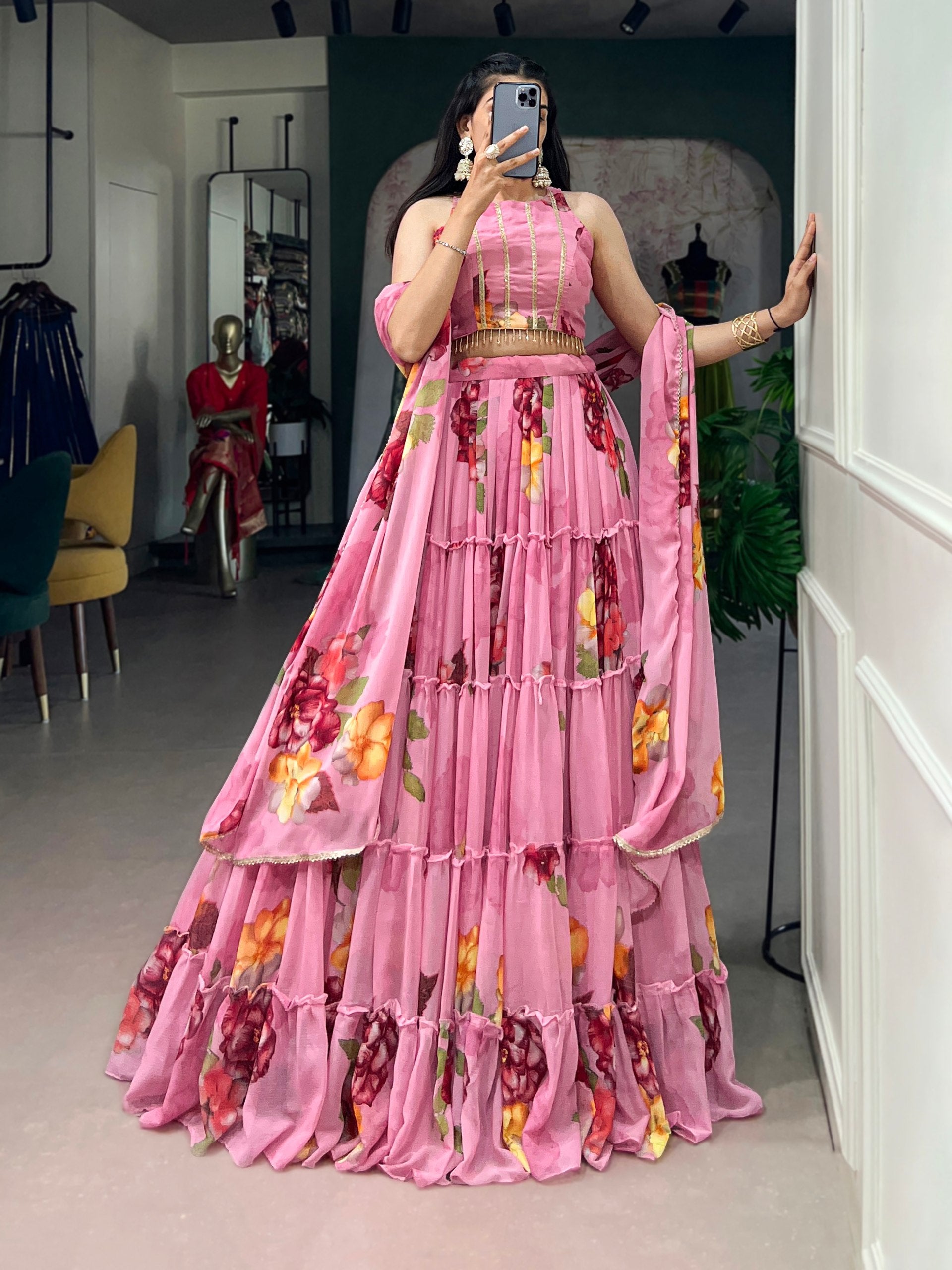 Floral Printed Chiffon Lehenga Choli