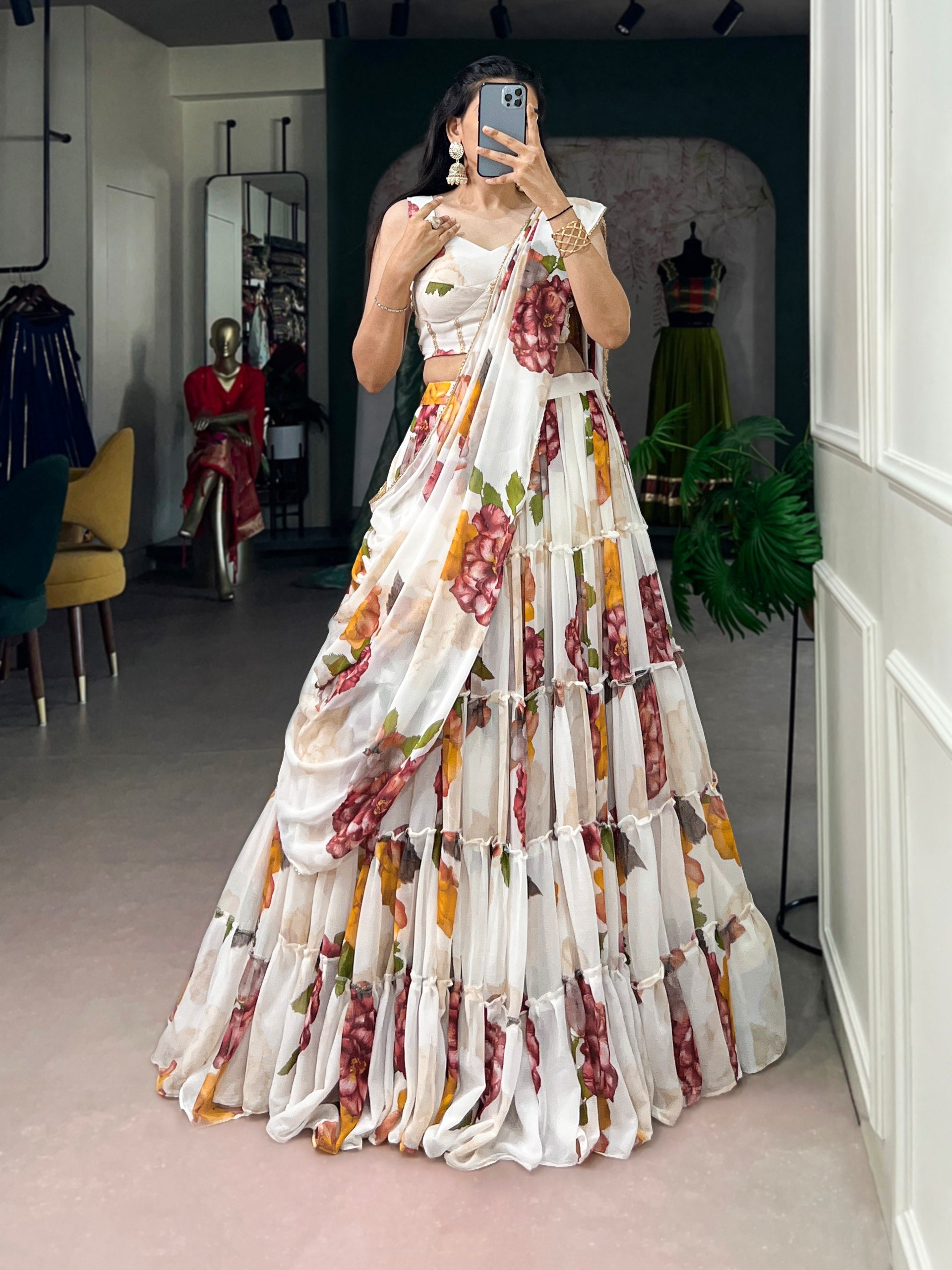 Floral Printed Chiffon Lehenga Choli