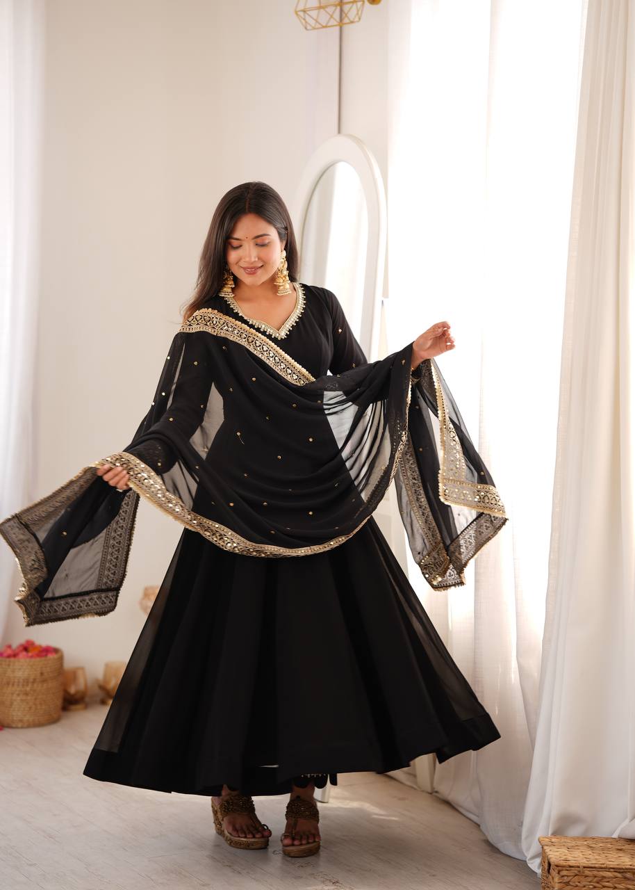 Black Georgette Gown with Sequence Embroidery and Mirror Work Pant