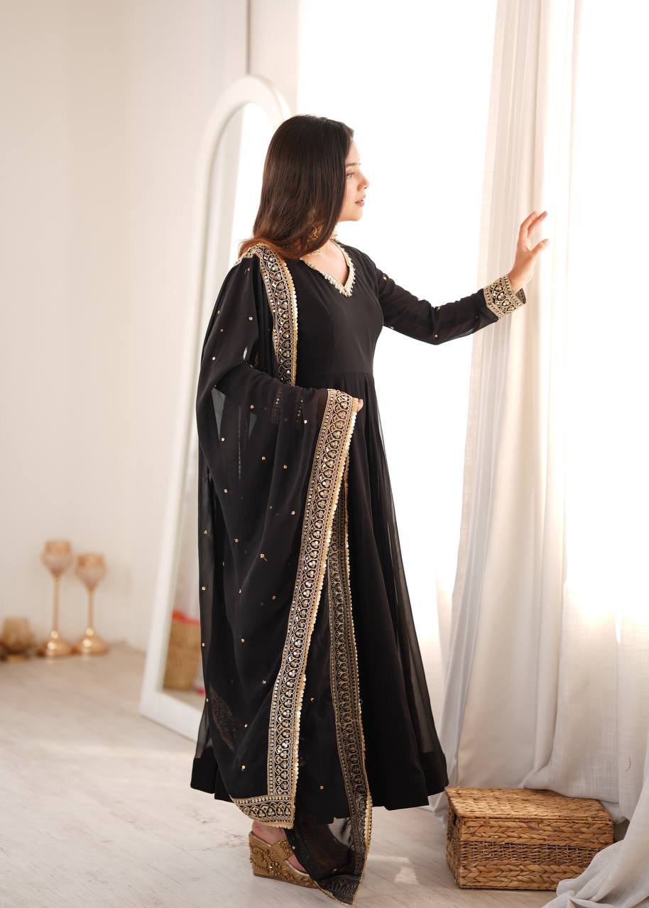 Black Georgette Gown with Sequence Embroidery and Mirror Work Pant