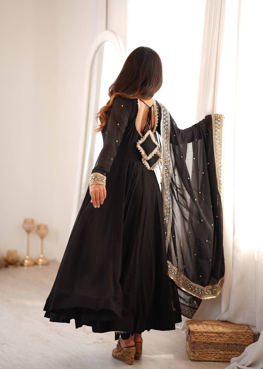 Black Georgette Gown with Sequence Embroidery and Mirror Work Pant