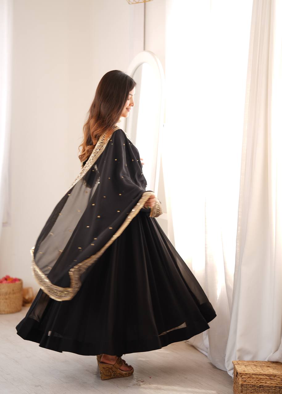 Black Georgette Gown with Sequence Embroidery and Mirror Work Pant
