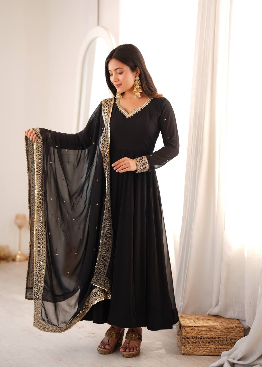 Black Georgette Gown with Sequence Embroidery and Mirror Work Pant