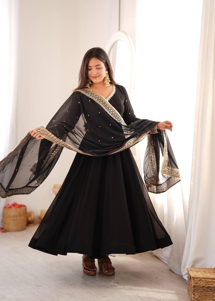 Black Georgette Gown with Sequence Embroidery and Mirror Work Pant
