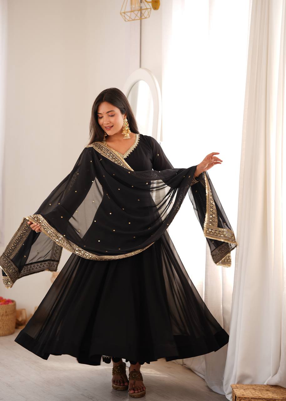 Black Georgette Gown with Sequence Embroidery and Mirror Work Pant