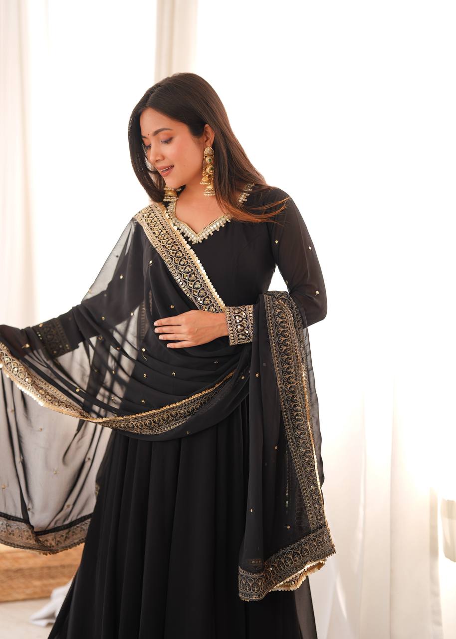 Black Georgette Gown with Sequence Embroidery and Mirror Work Pant