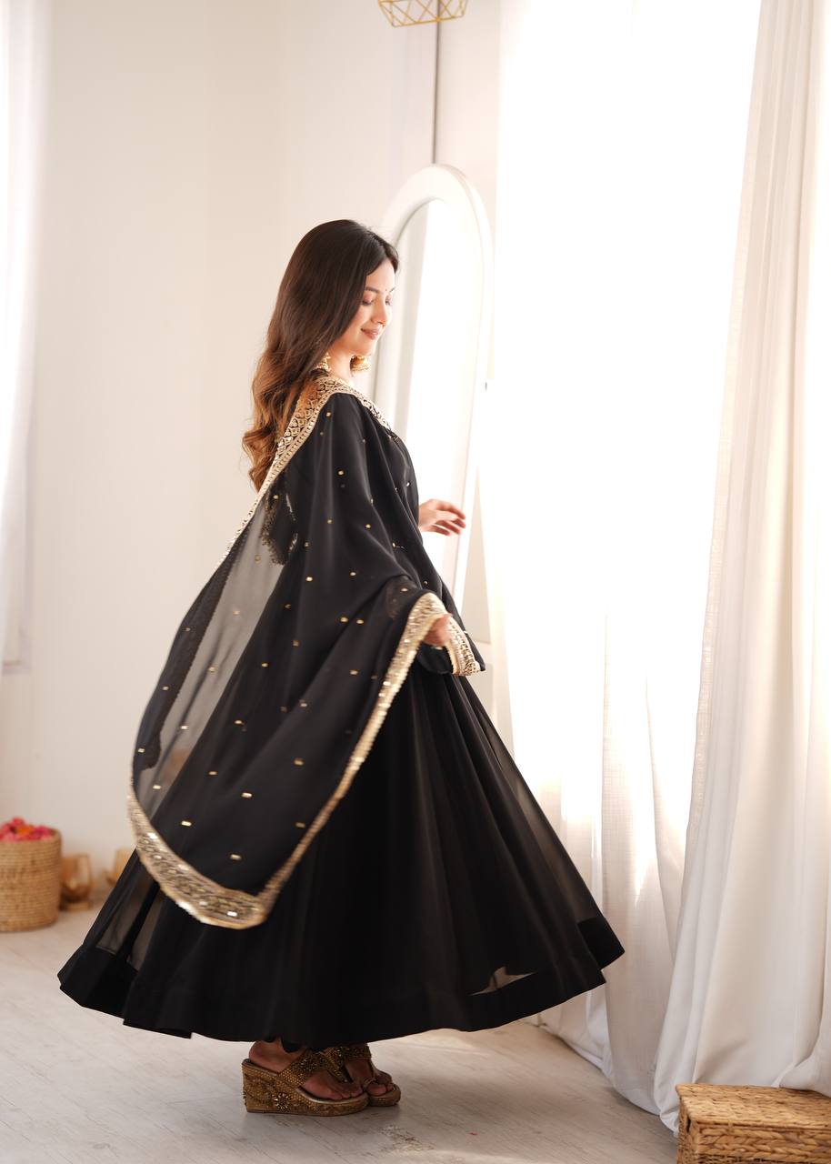 Black Georgette Gown with Sequence Embroidery and Mirror Work Pant