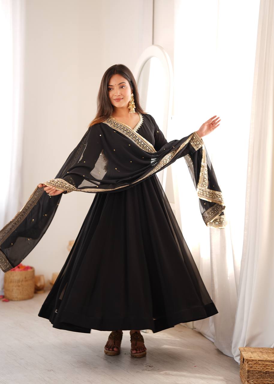 Black Georgette Gown with Sequence Embroidery and Mirror Work Pant