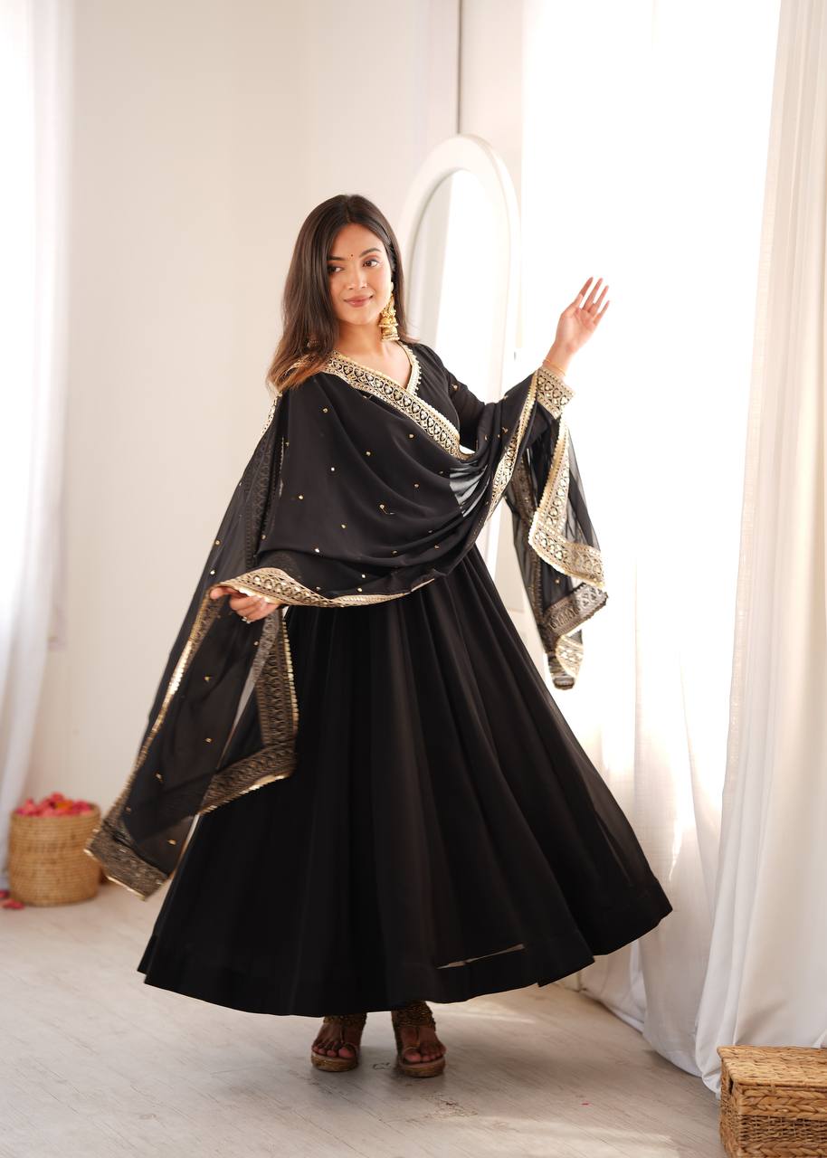 Black Georgette Gown with Sequence Embroidery and Mirror Work Pant