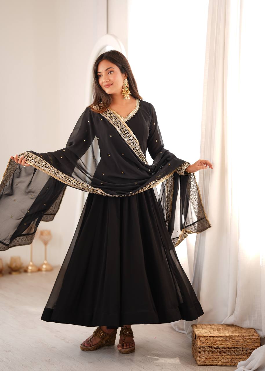 Black Georgette Gown with Sequence Embroidery and Mirror Work Pant