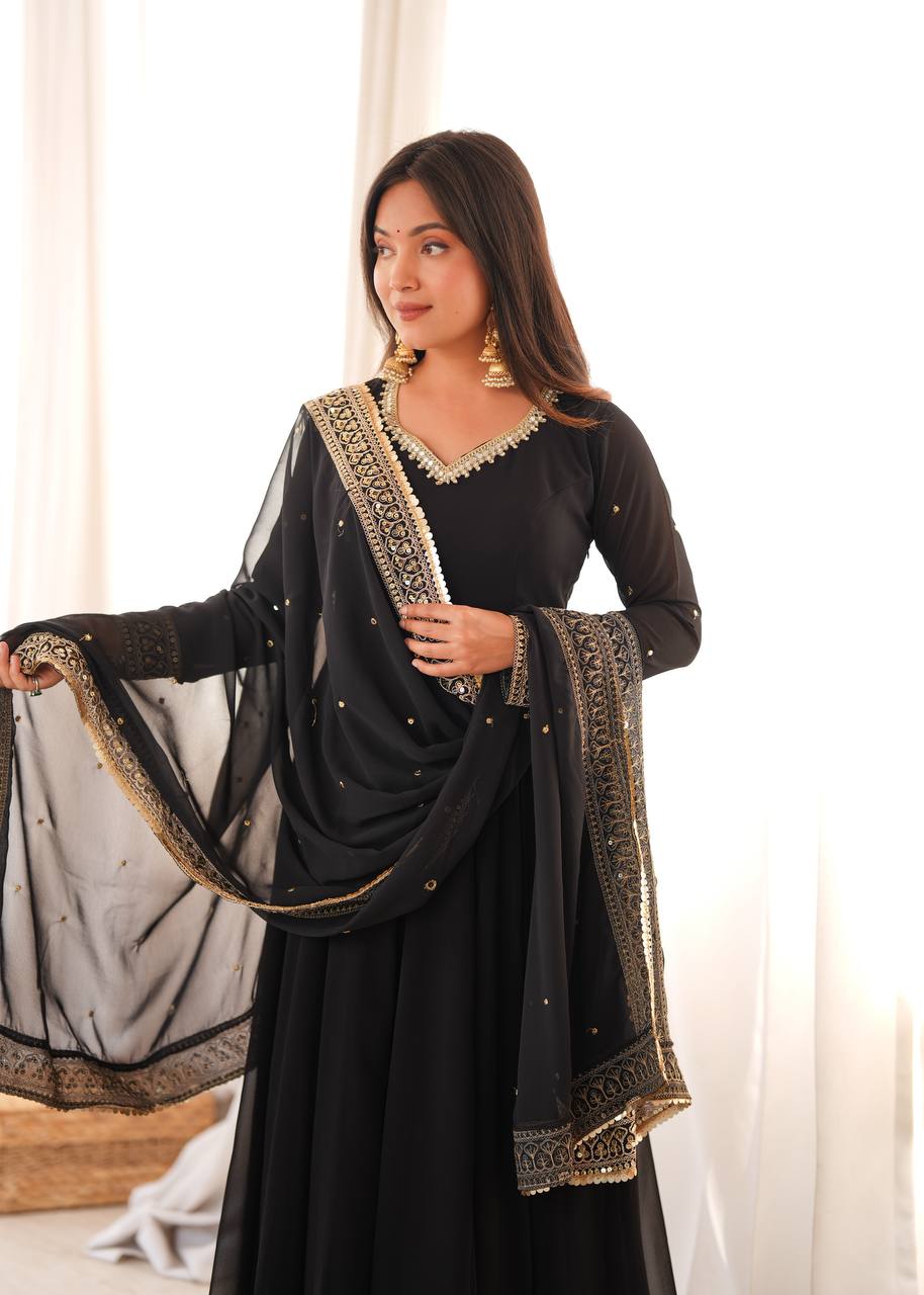 Black Georgette Gown with Sequence Embroidery and Mirror Work Pant
