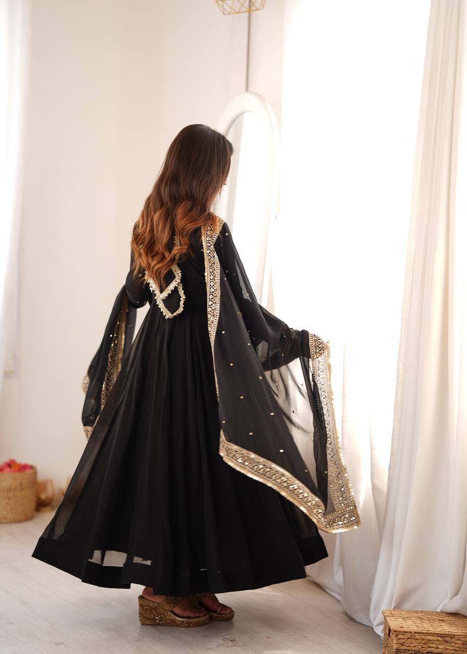 Black Georgette Gown with Sequence Embroidery and Mirror Work Pant
