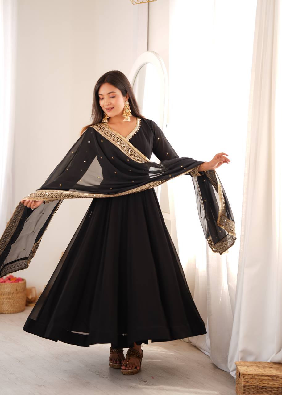 Black Georgette Gown with Sequence Embroidery and Mirror Work Pant