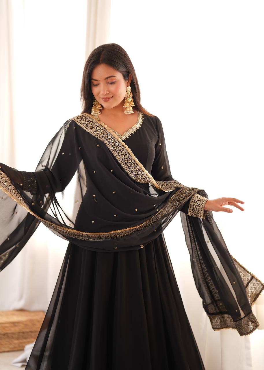 Black Georgette Gown with Sequence Embroidery and Mirror Work Pant