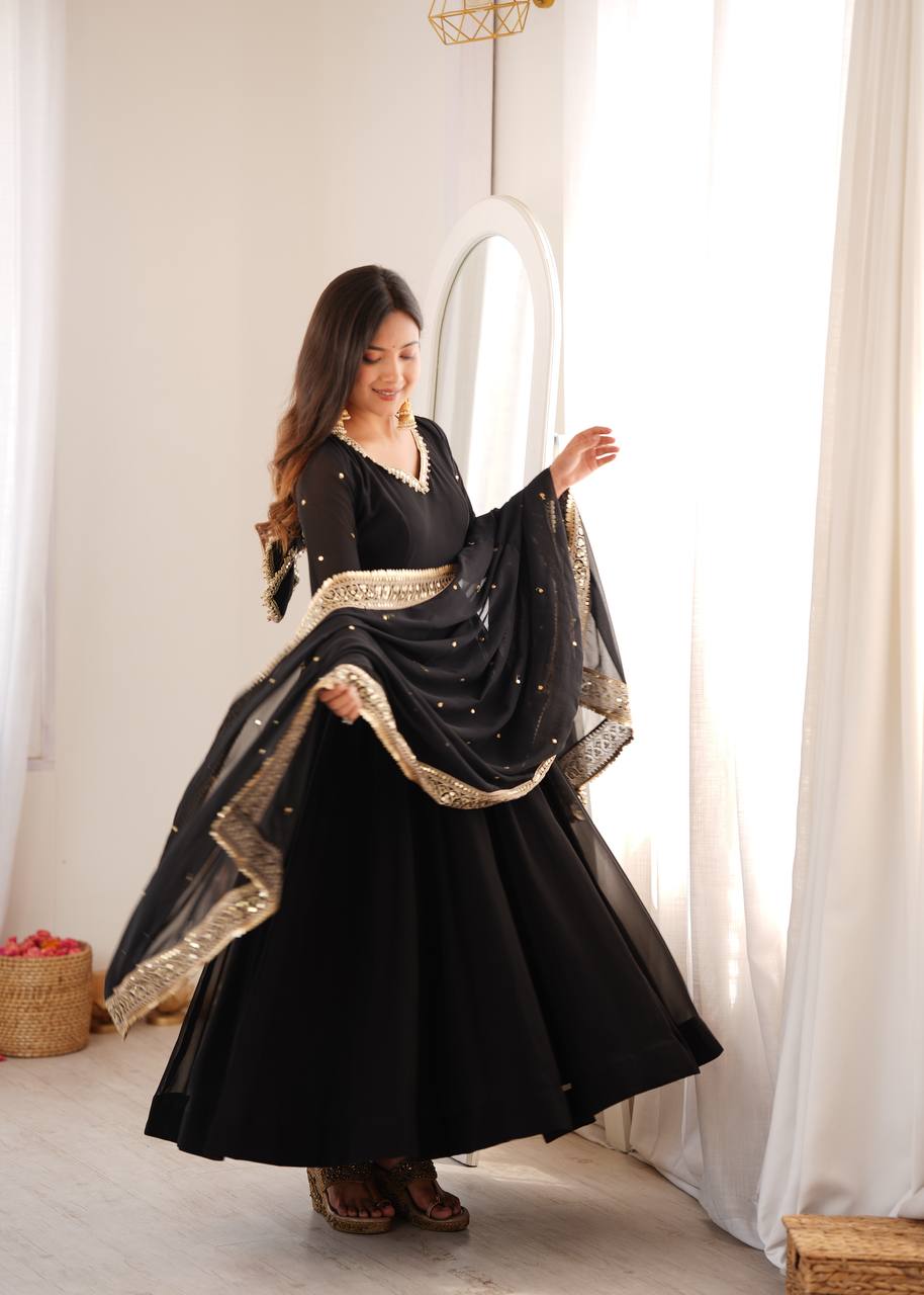 Black Georgette Gown with Sequence Embroidery and Mirror Work Pant