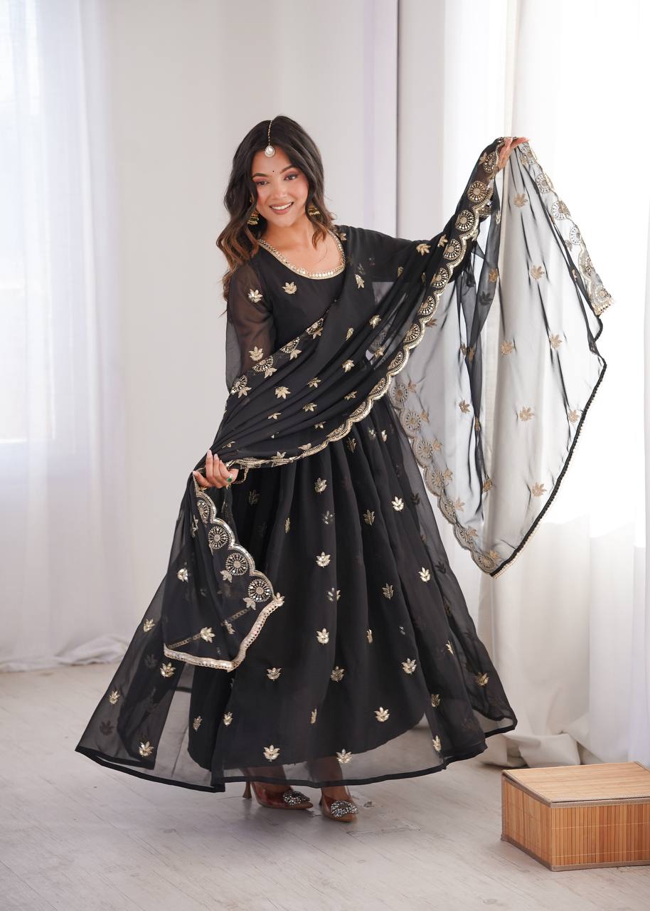 Black Georgette Sequence Embroidered Gown with Dupatta