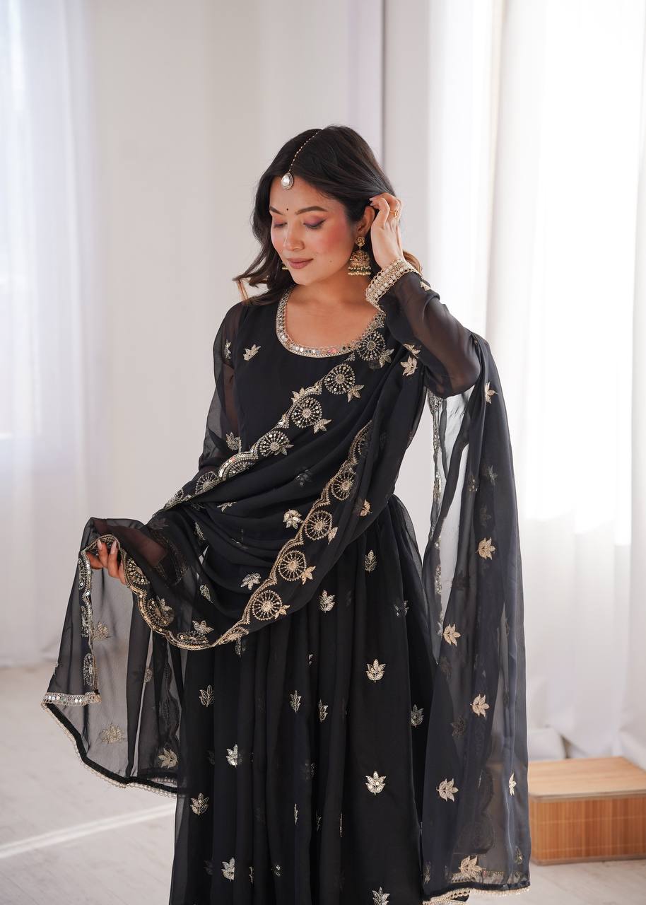 Black Georgette Sequence Embroidered Gown with Dupatta