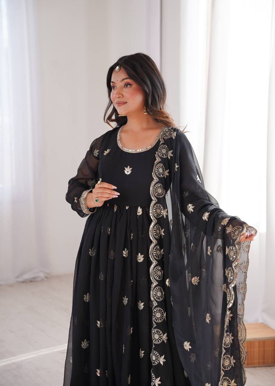 Black Georgette Sequence Embroidered Gown with Dupatta