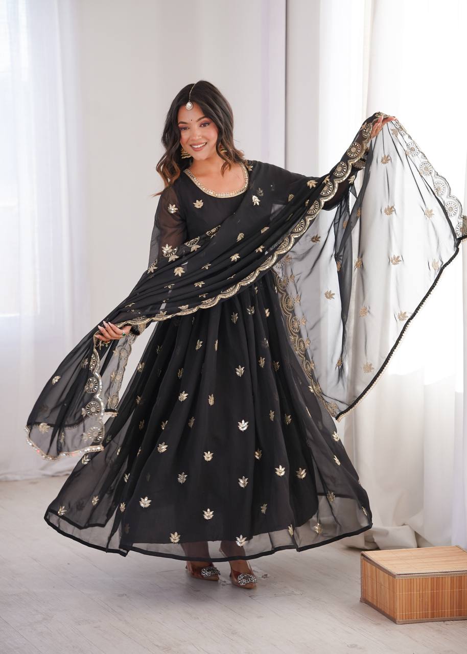 Black Georgette Sequence Embroidered Gown with Dupatta