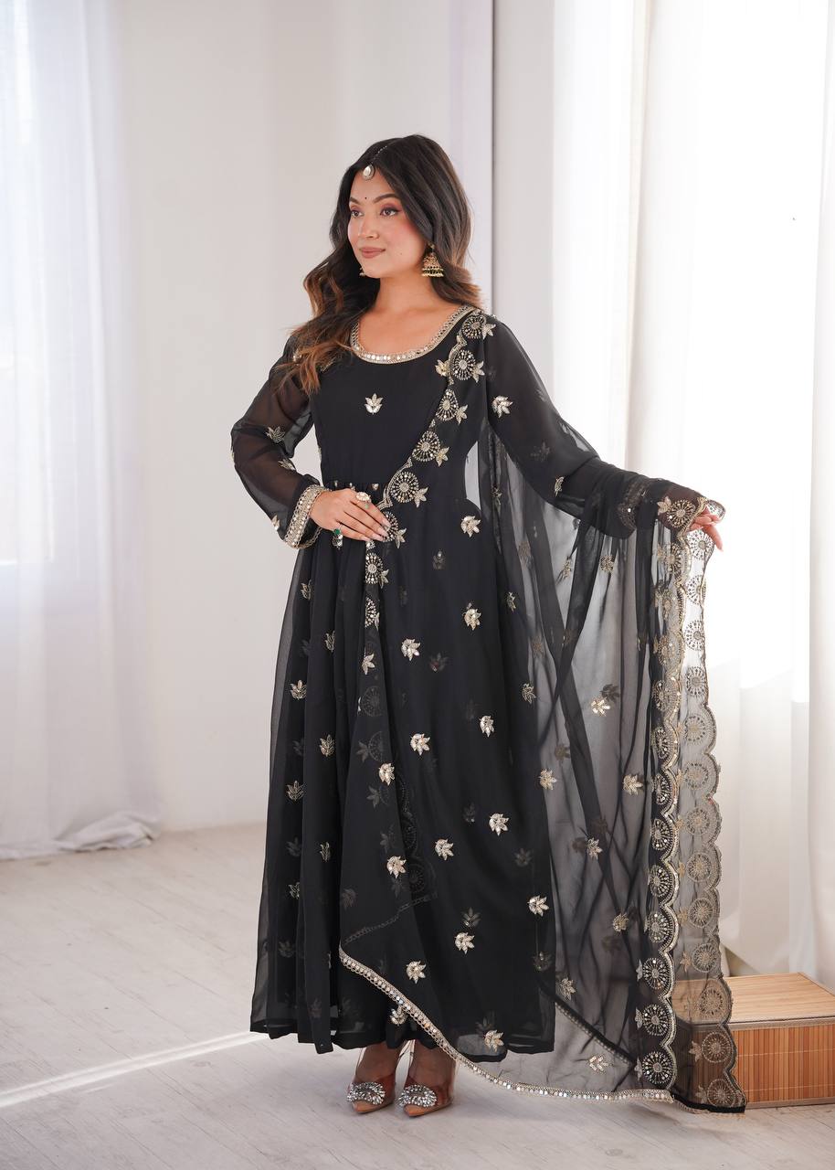 Black Georgette Sequence Embroidered Gown with Dupatta