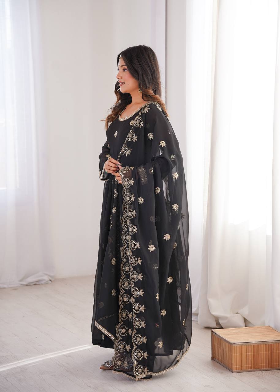 Black Georgette Sequence Embroidered Gown with Dupatta