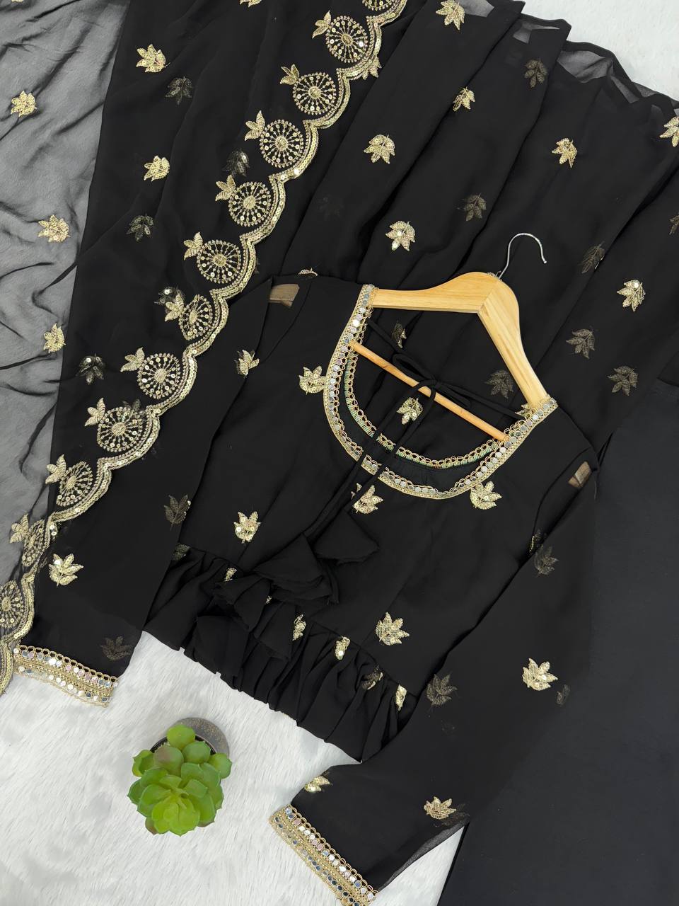 Black Georgette Sequence Embroidered Gown with Dupatta