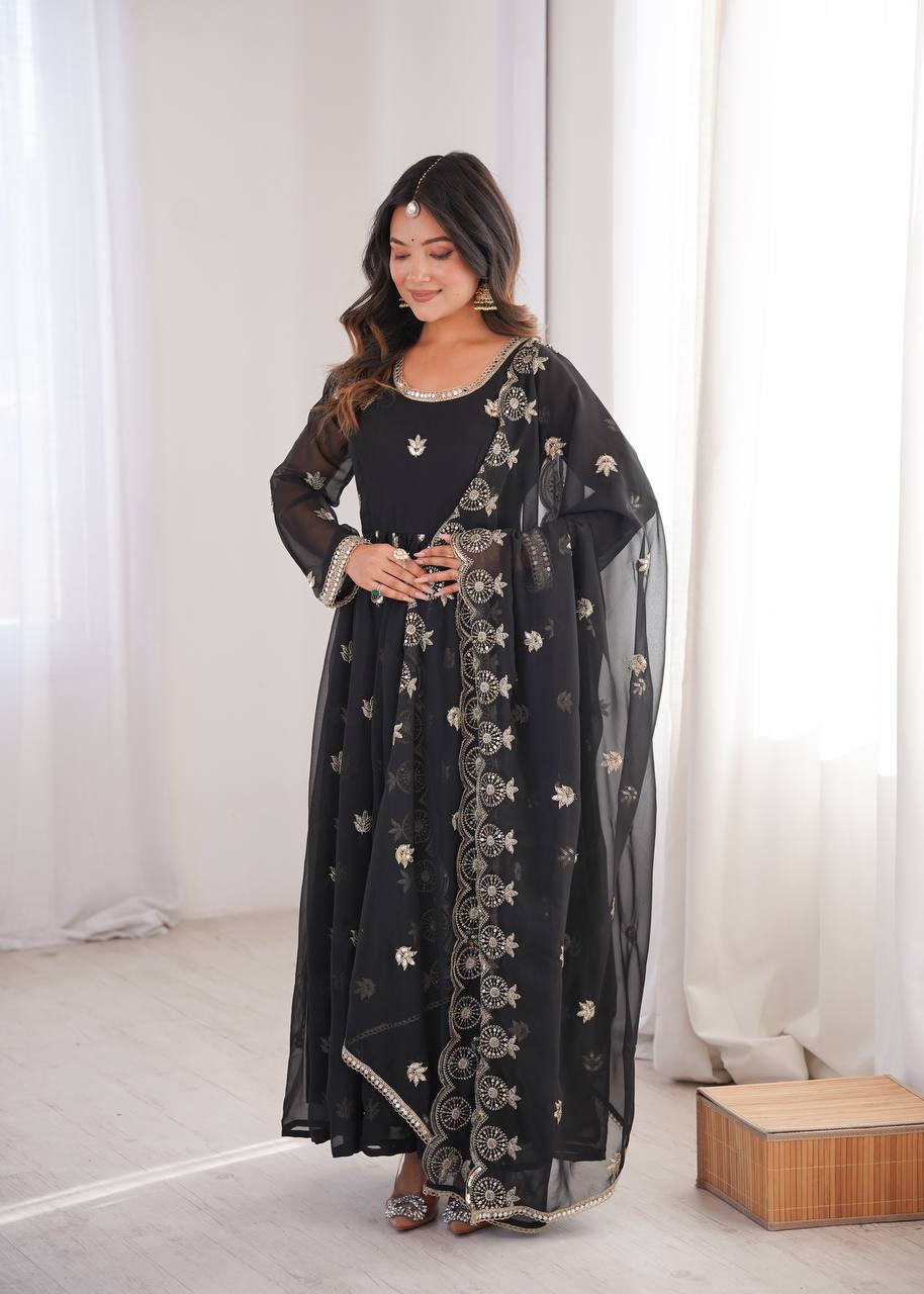 Black Georgette Sequence Embroidered Gown with Dupatta