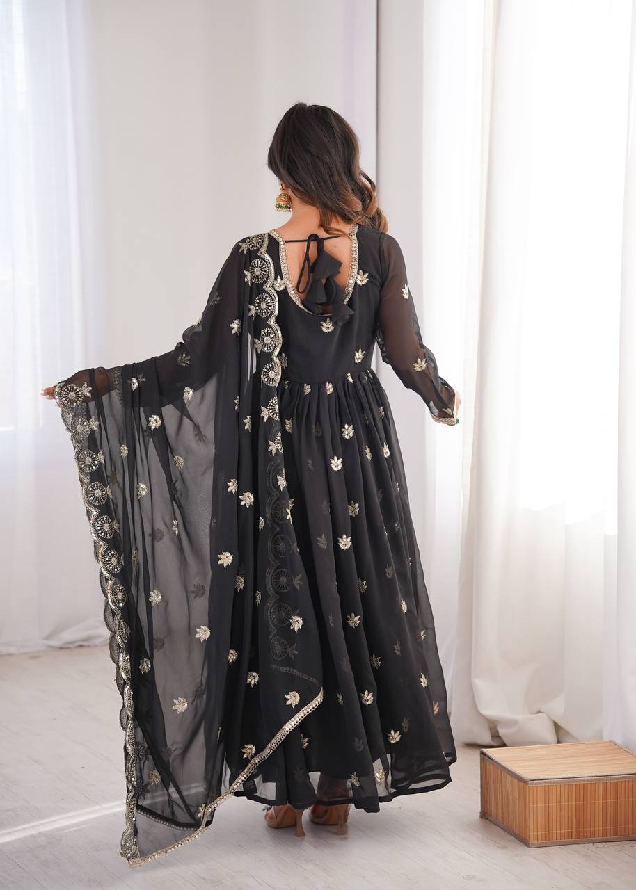 Black Georgette Sequence Embroidered Gown with Dupatta