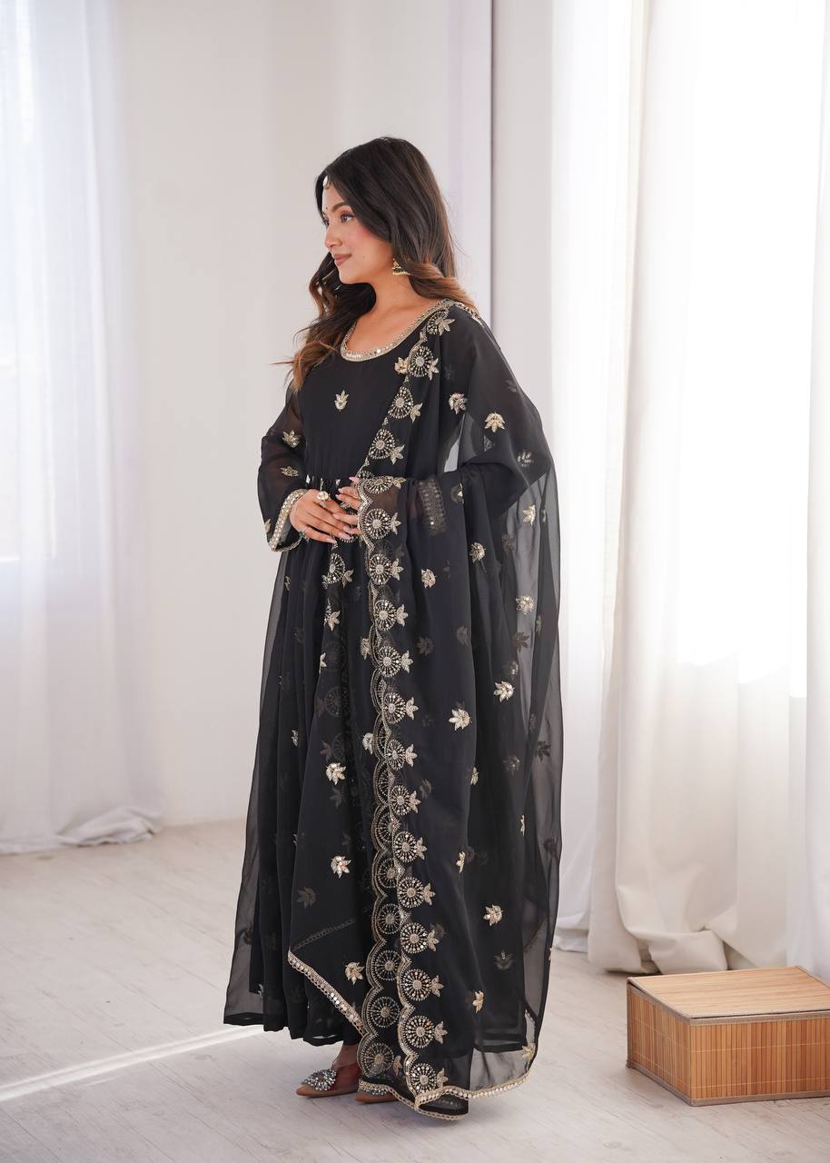 Black Georgette Sequence Embroidered Gown with Dupatta