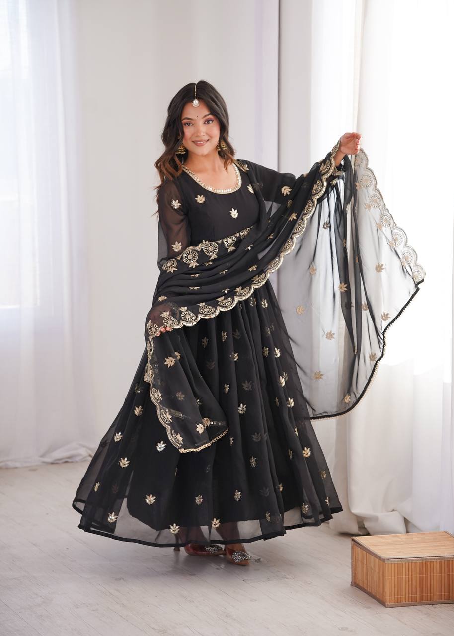 Black Georgette Sequence Embroidered Gown with Dupatta