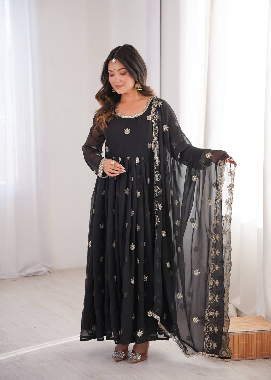Black Georgette Sequence Embroidered Gown with Dupatta