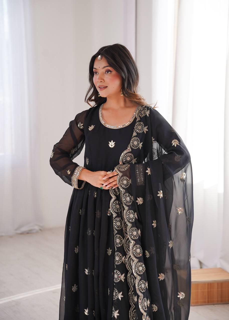 Black Georgette Sequence Embroidered Gown with Dupatta