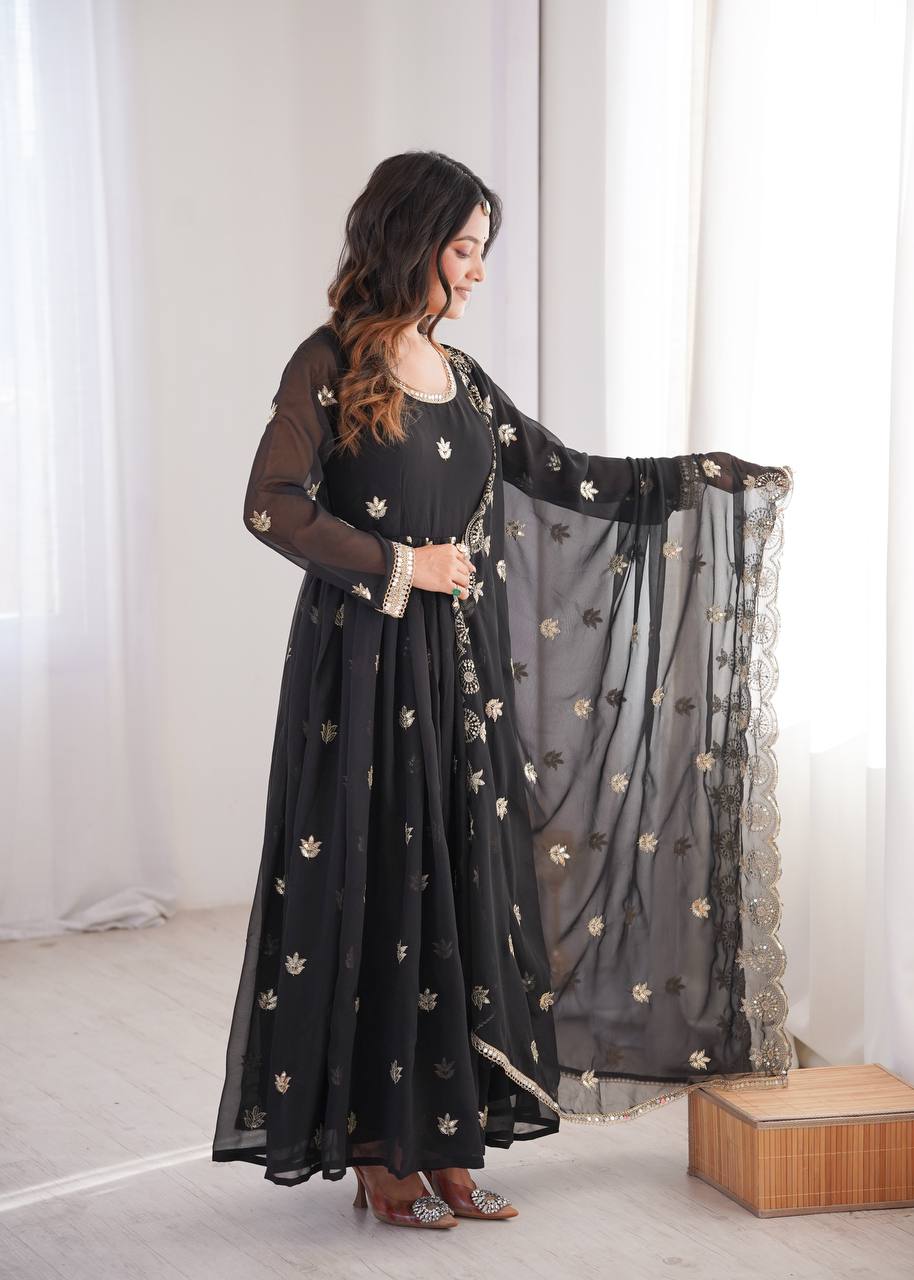 Black Georgette Sequence Embroidered Gown with Dupatta