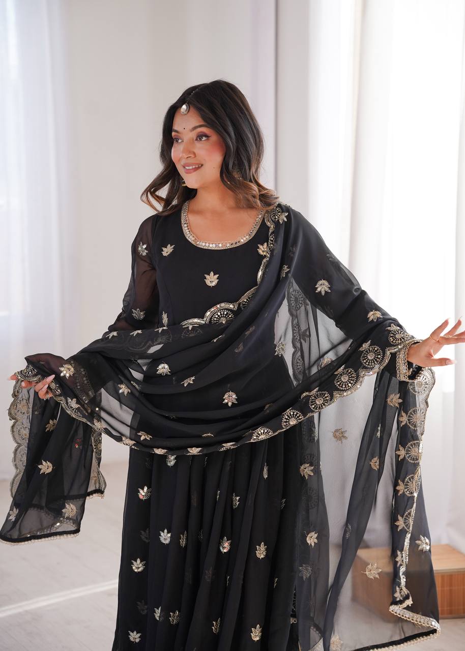 Black Georgette Sequence Embroidered Gown with Dupatta