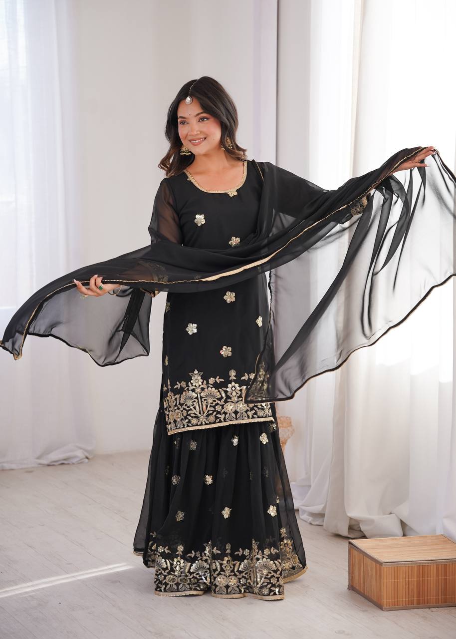Black Georgette Sequence Embroidered Sharara Suit