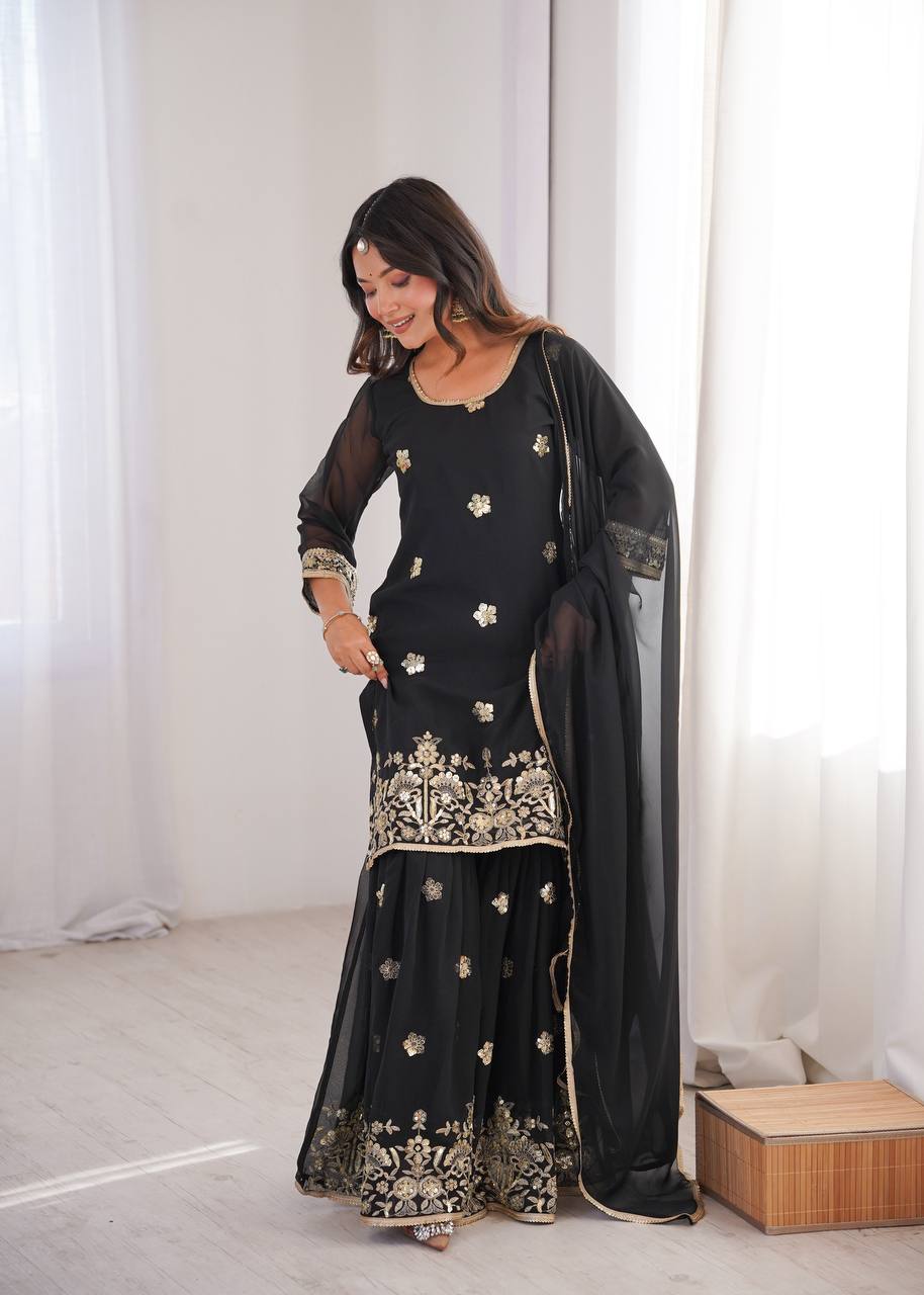 Black Georgette Sequence Embroidered Sharara Suit