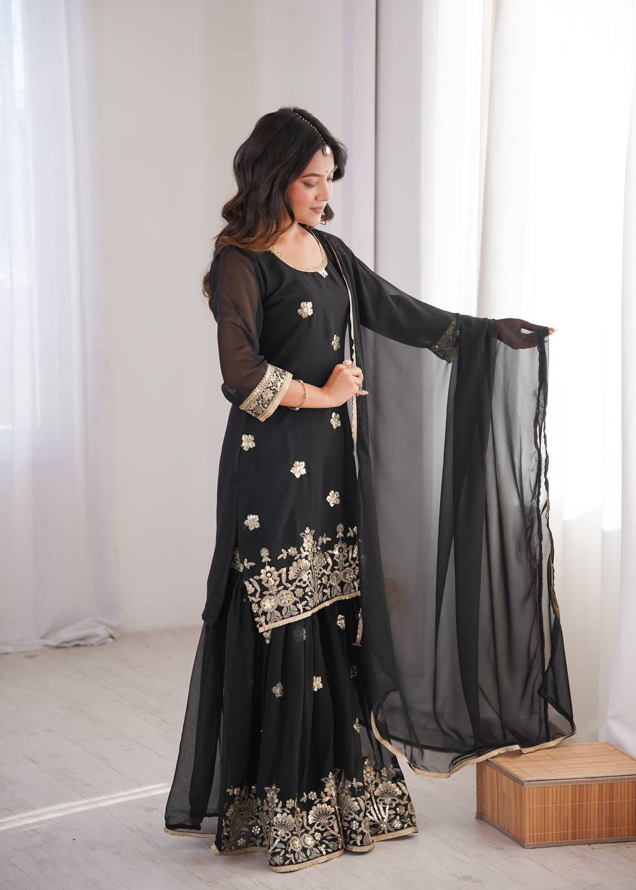 Black Georgette Sequence Embroidered Sharara Suit