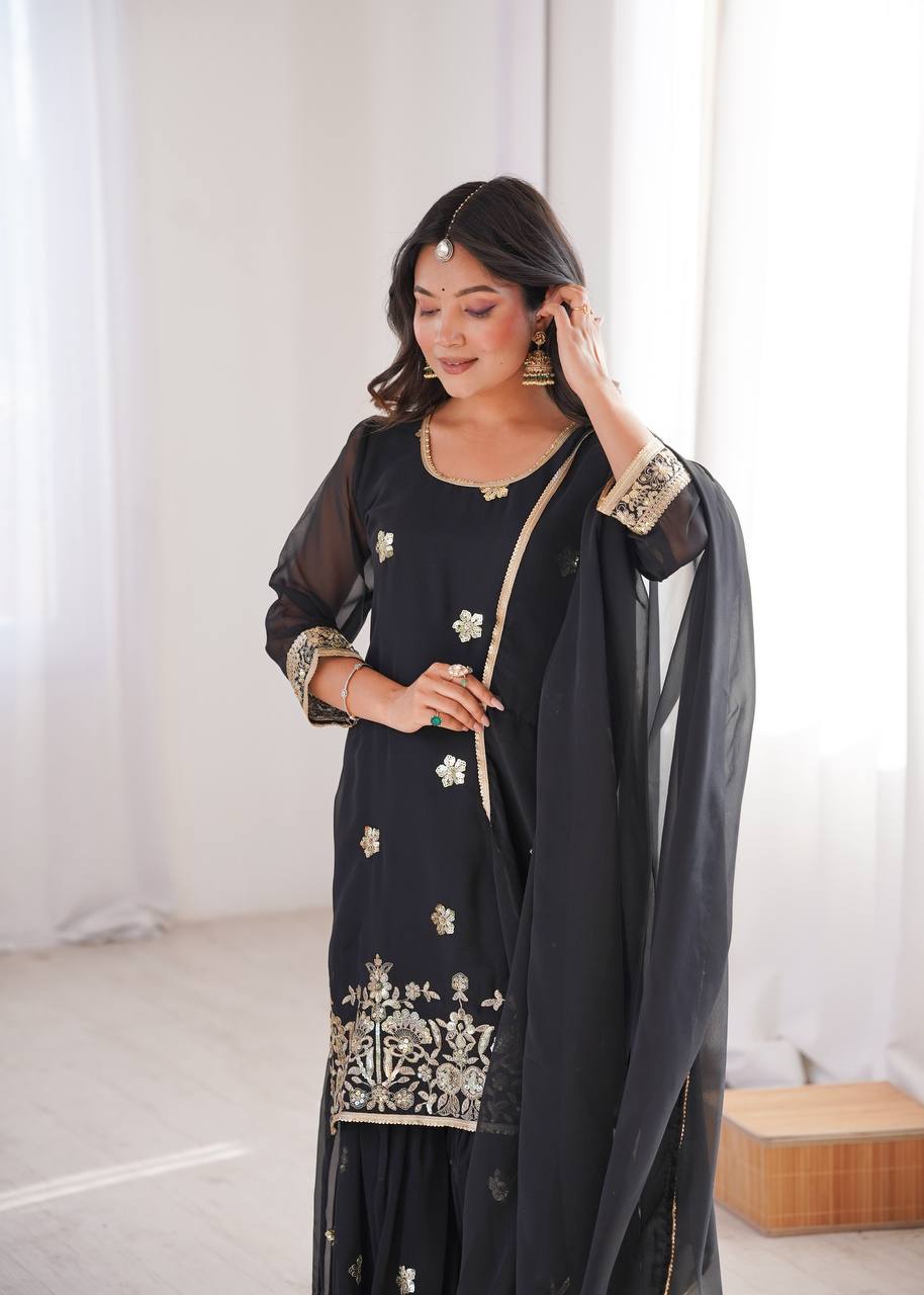 Black Georgette Sequence Embroidered Sharara Suit