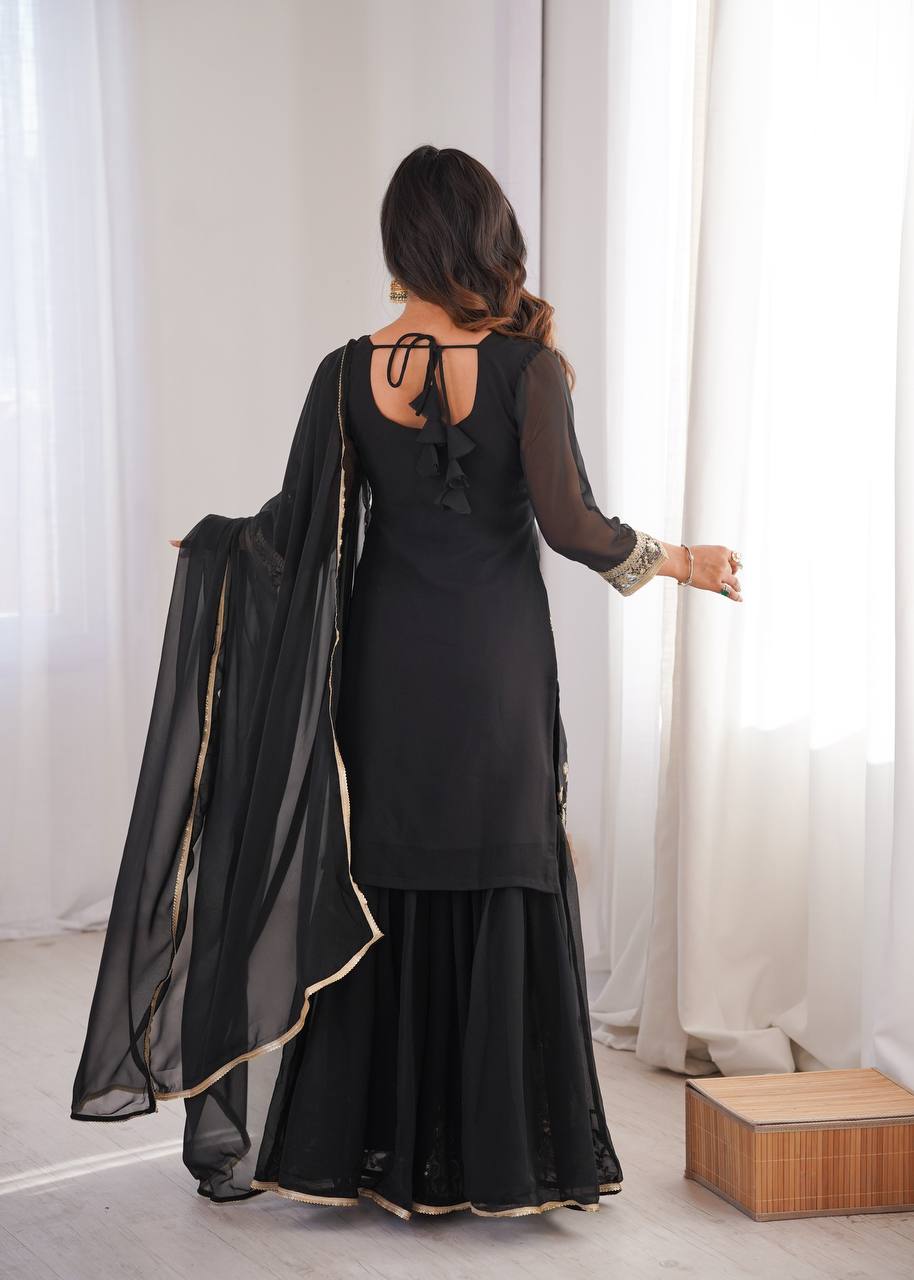 Black Georgette Sequence Embroidered Sharara Suit