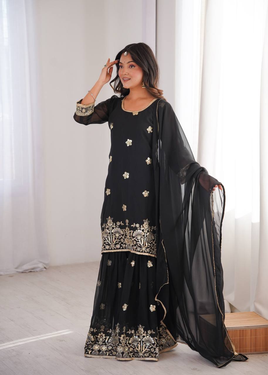 Black Georgette Sequence Embroidered Sharara Suit
