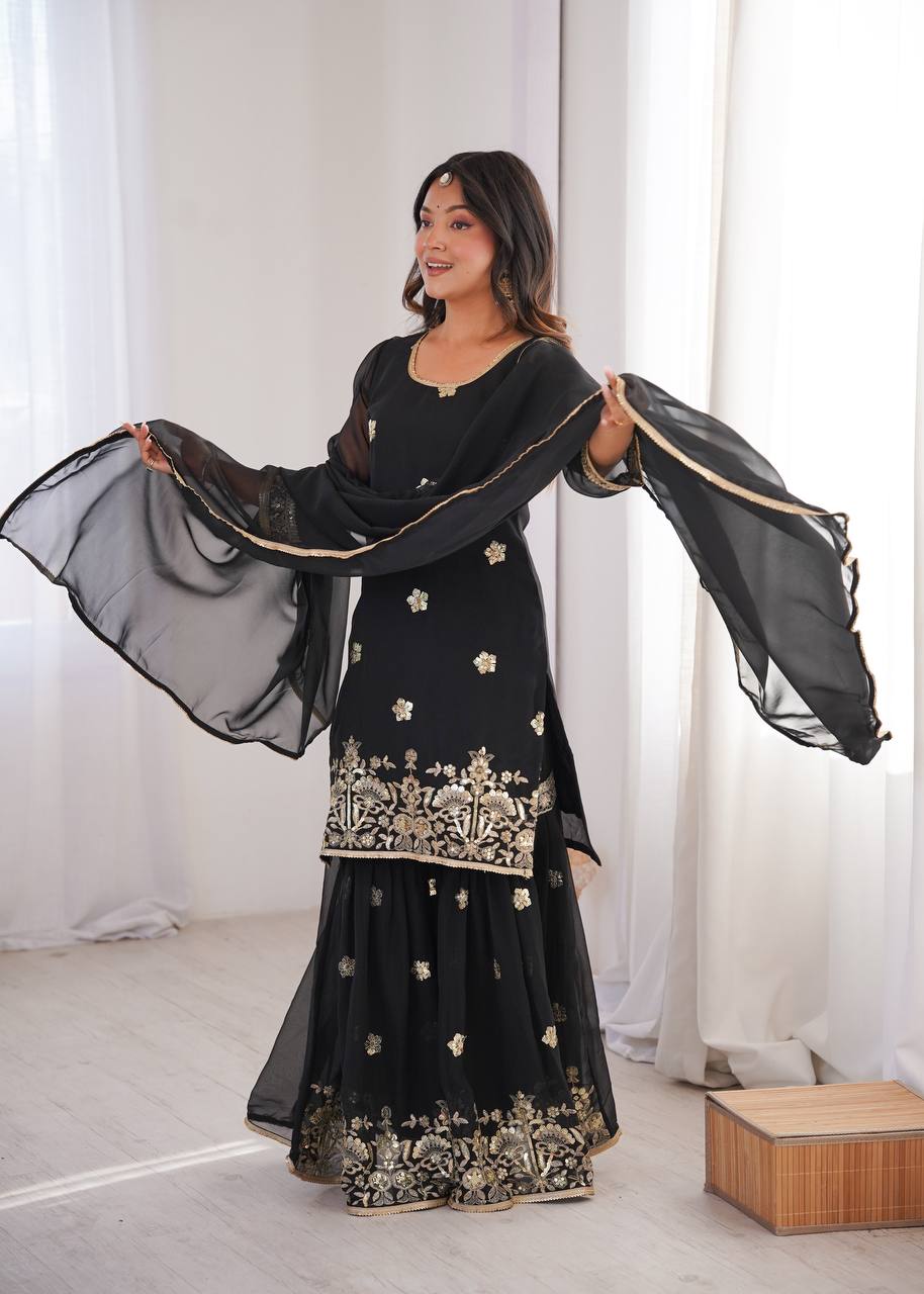 Black Georgette Sequence Embroidered Sharara Suit