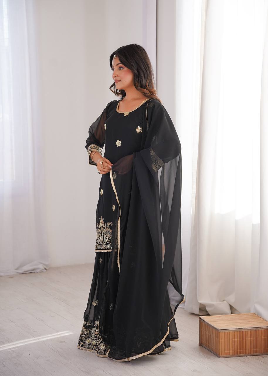 Black Georgette Sequence Embroidered Sharara Suit