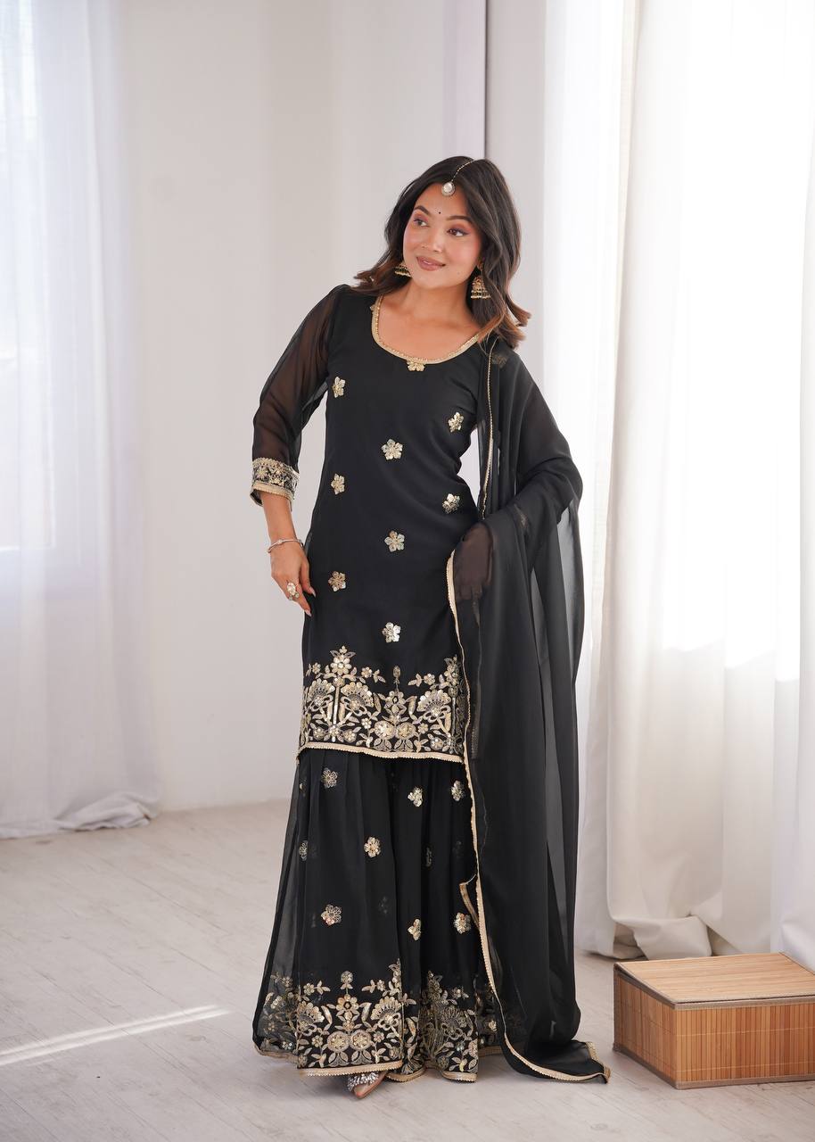 Black Georgette Sequence Embroidered Sharara Suit