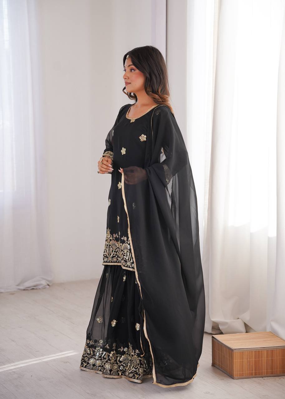 Black Georgette Sequence Embroidered Sharara Suit